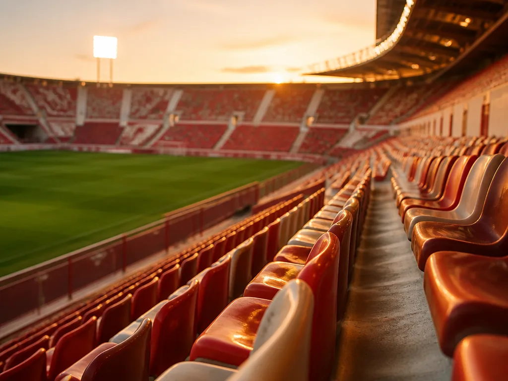 Fotbollsarena i Spanien sedd från läktaren i kvällsljus inför en La Liga-match