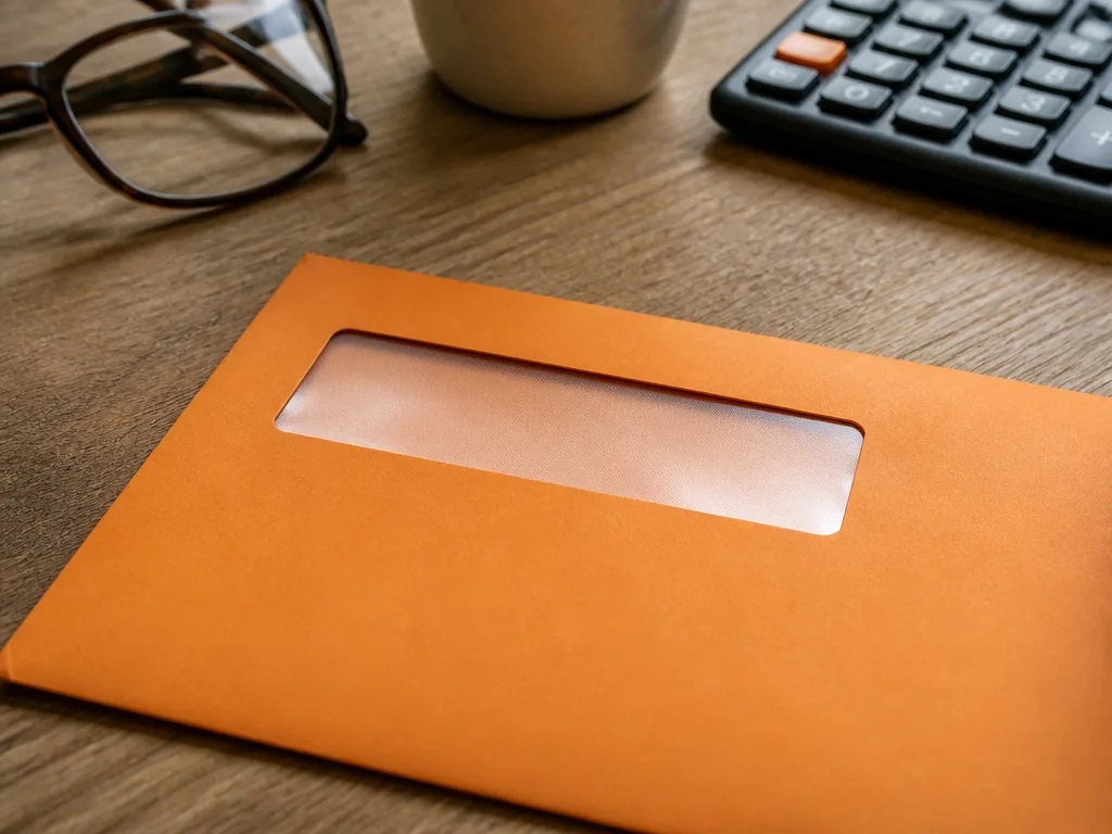 Orange kuvert med pensionsbesked på ett skrivbord tillsammans med glasögon och miniräknare