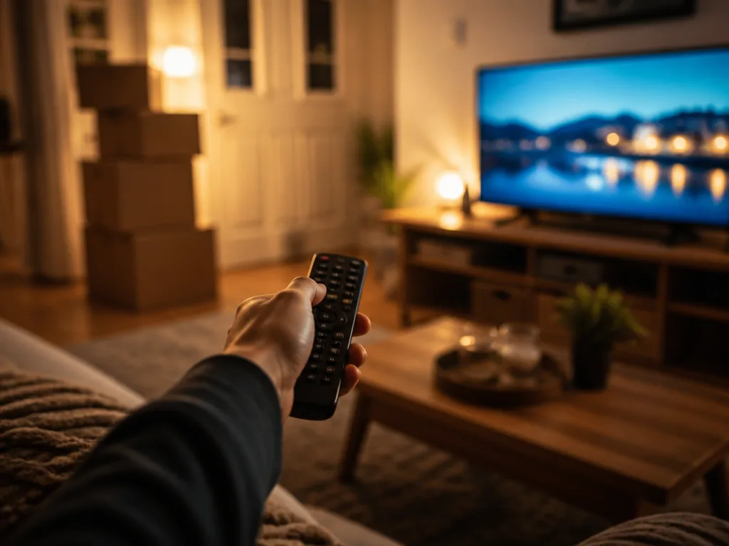 Vardagsrum på kvällen med tv-fjärrkontroll i förgrunden och leveranskartonger vid dörren i bakgrunden