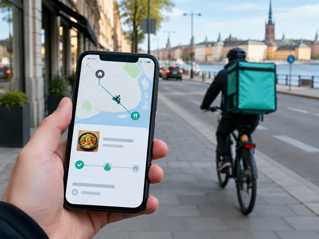 Mobiltelefon med en leveransapp i handen på en stadsgata, cykelbud i bakgrunden