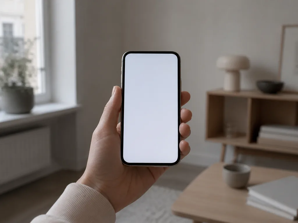 Hand som håller en modern smartphone i ett minimalistiskt skandinaviskt rum med mjukt naturligt ljus