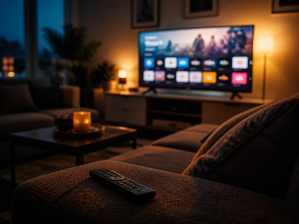 Mysigt vardagsrum på kvällen med en tv-skärm som lyser mjukt och en fjärrkontroll på soffan