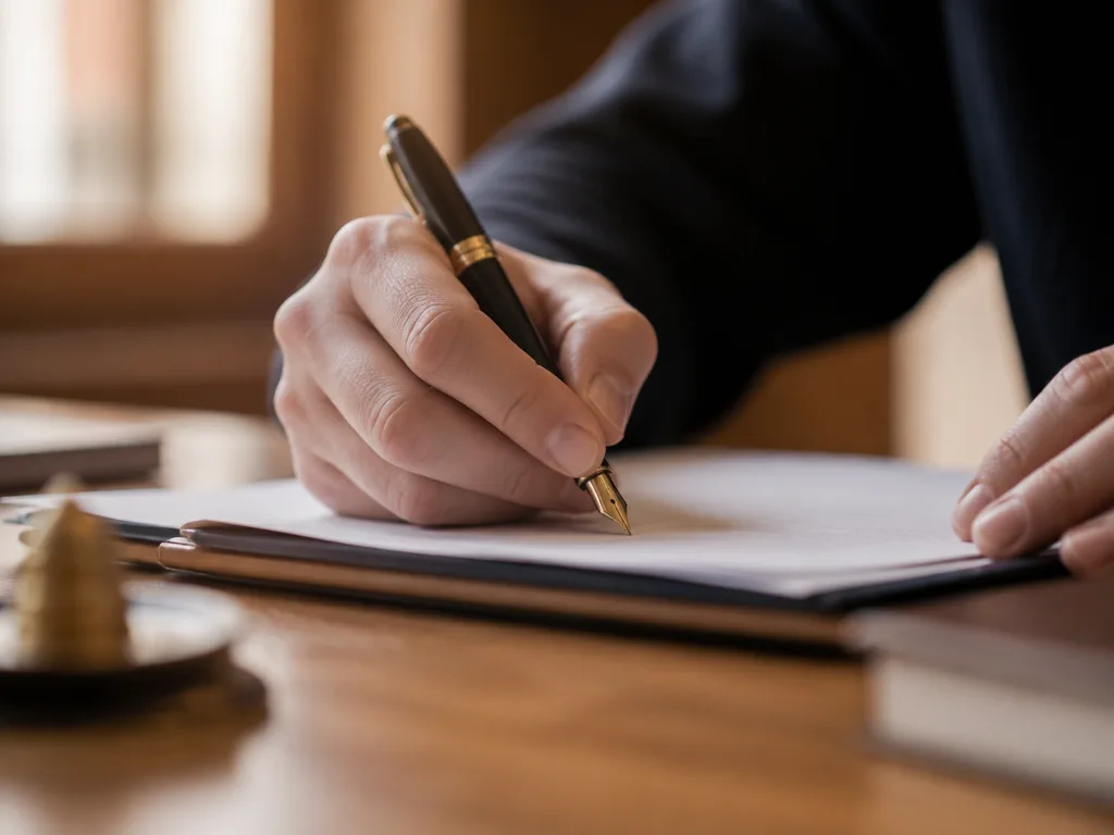 Hand som undertecknar en framtidsfullmakt med bläckpenna vid ett skrivbord