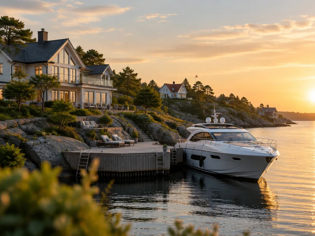 Påkostade villor vid vattnet i skärgården med en motorbåt vid privat brygga i kvällssol
