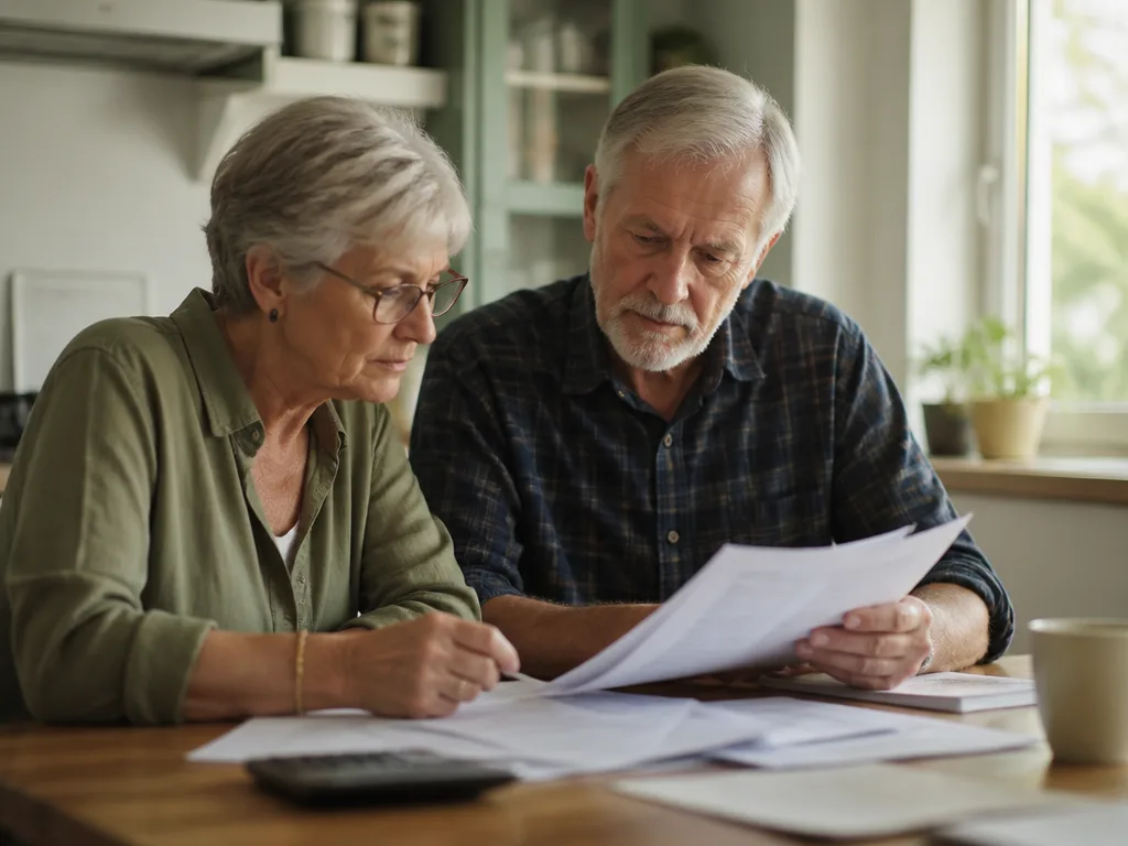 Äldre par går igenom pensionspapper tillsammans vid köksbordet