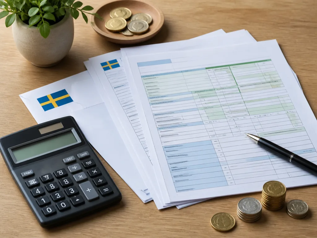Skattehandlingar och miniräknare på ett skrivbord, symboliserar kvarskatt och slutskattebesked