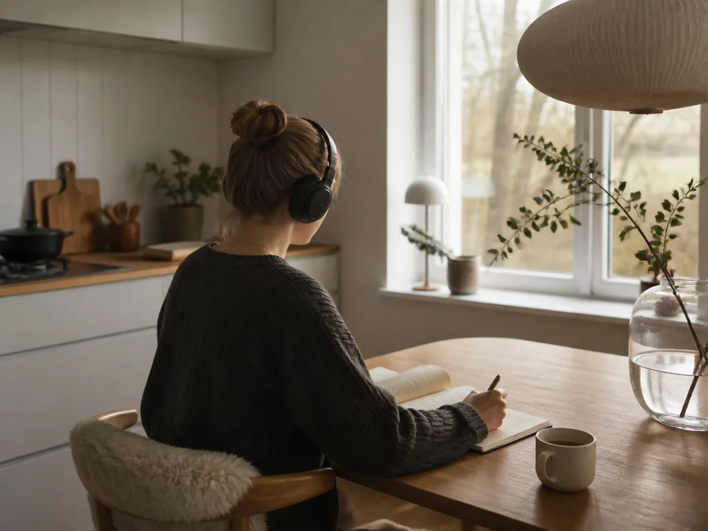 Person med hörlurar och anteckningsblock vid ett köksbord, lär sig om ekonomi
