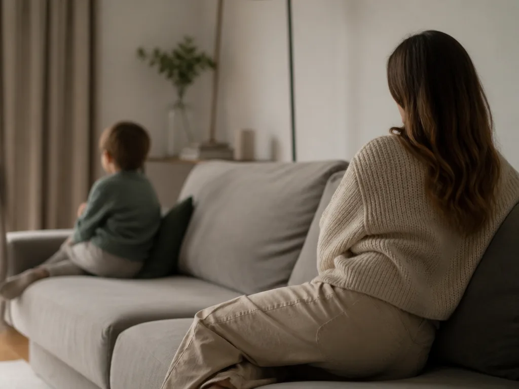 En förälder och ett barn sitter i var sin ände av en soffa i ett tyst, ombonat vardagsrum