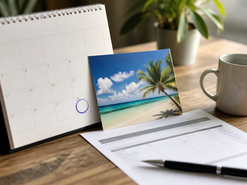 Kalender och lönebesked på ett skrivbord bredvid ett vykort från stranden, symboliserar semesterersättning