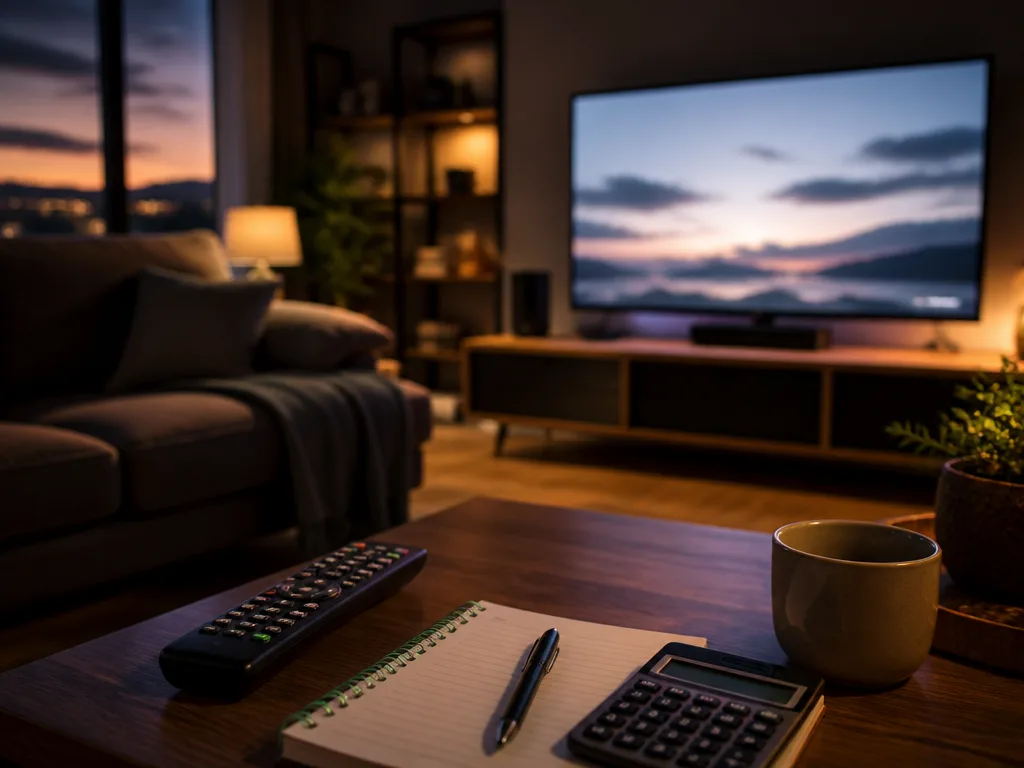 Vardagsrum i skymning med tv och fjärrkontroll bredvid en hushållsbudget