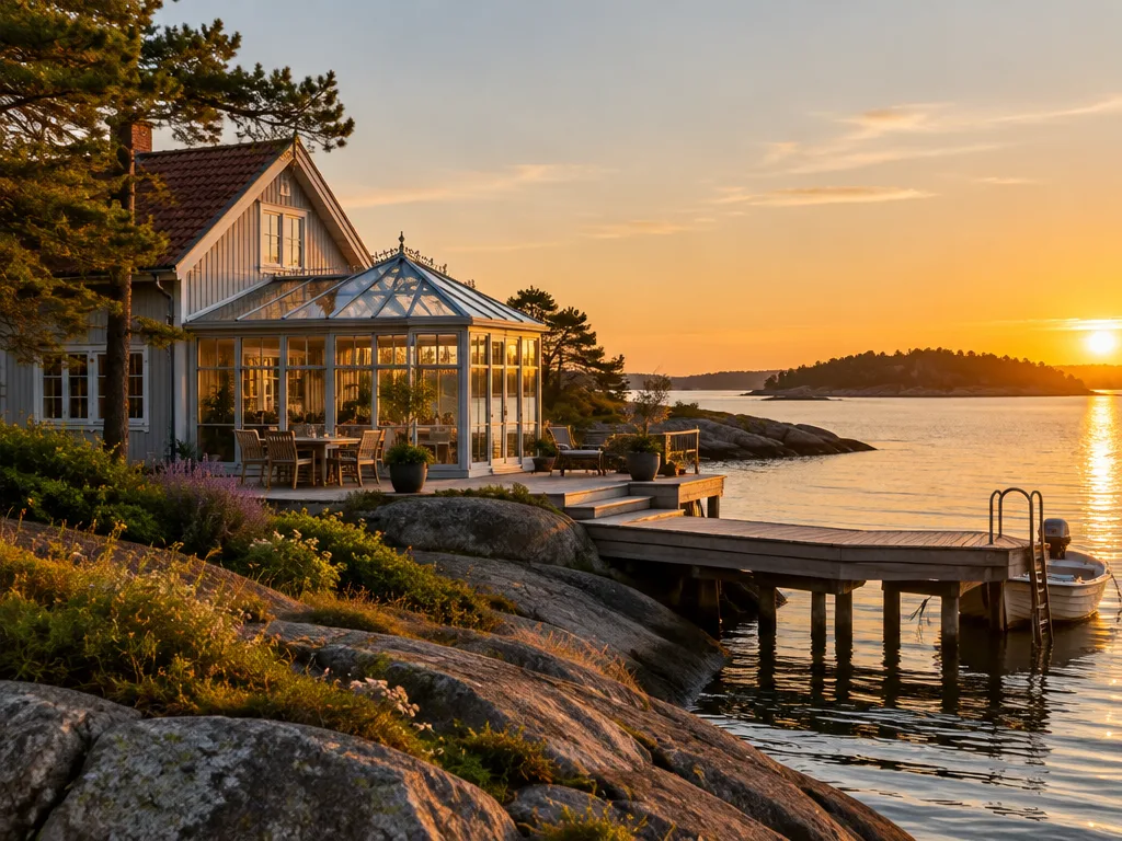 Påkostat sommarhus med inglasad vinterträdgård vid vattnet i Stockholms skärgård i kvällsljus