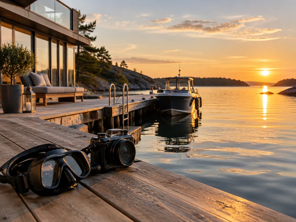 Dykmask och undervattenskamera på en brygga vid ett modernt hus i Stockholms skärgård i solnedgång
