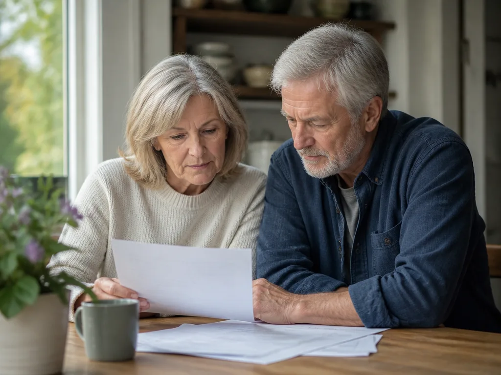 Ett par i sextioårsåldern går igenom pensionspapper tillsammans vid köksbordet