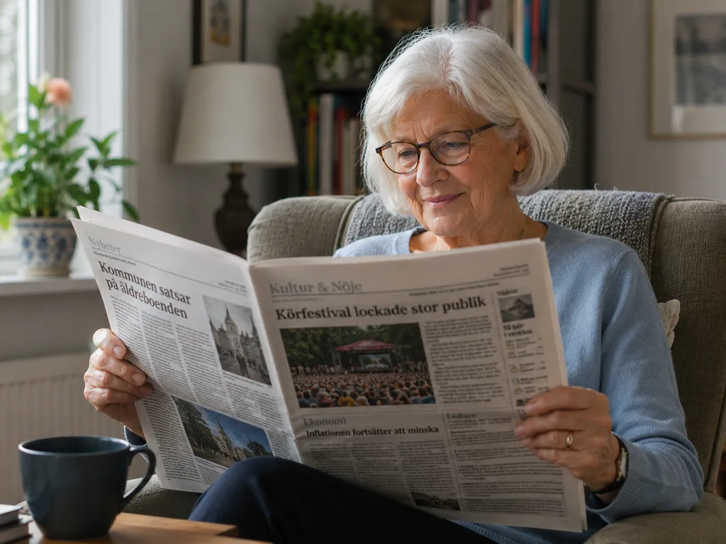 Senior som läser dagstidning vid köksbordet med en kopp kaffe i morgonljus.