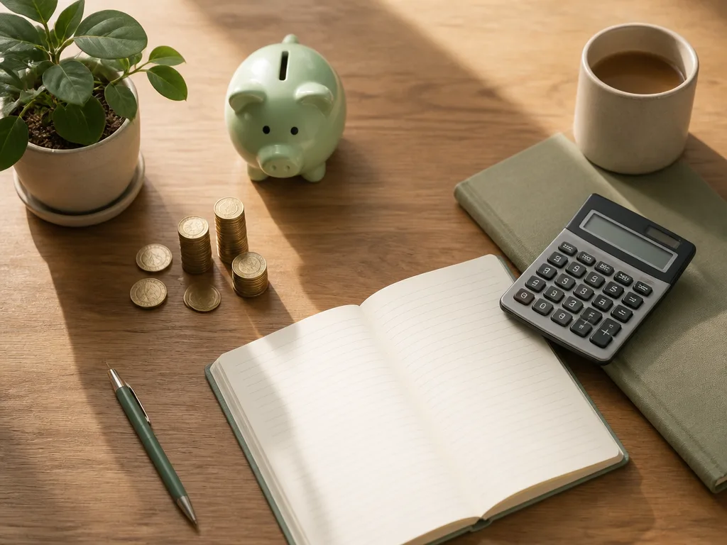 Mynt, spargris, miniräknare och anteckningsblock på ett skrivbord – procentbaserad budget.