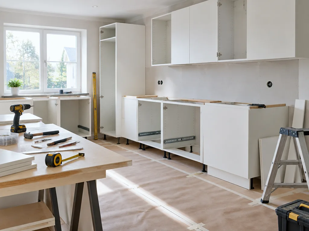 Kök under renovering med nya skåp, verktyg och skyddspapp på golvet