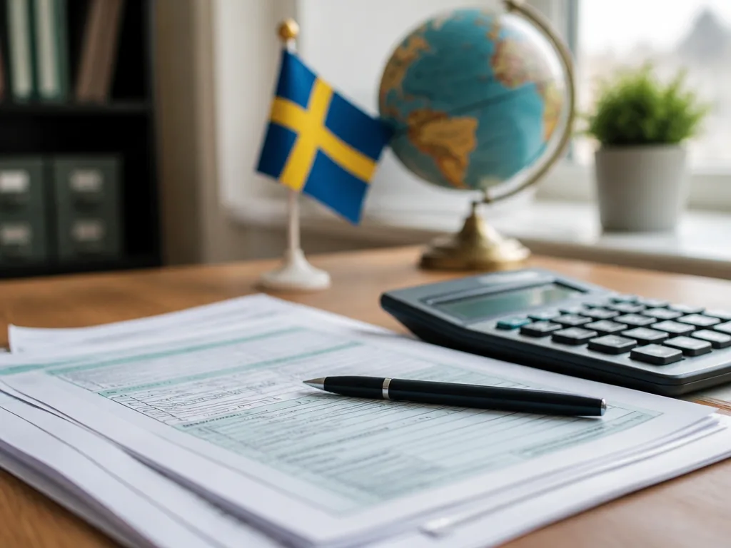 Skattedokument och miniräknare på ett skrivbord med en liten svensk flagga och en jordglob i bakgrunden