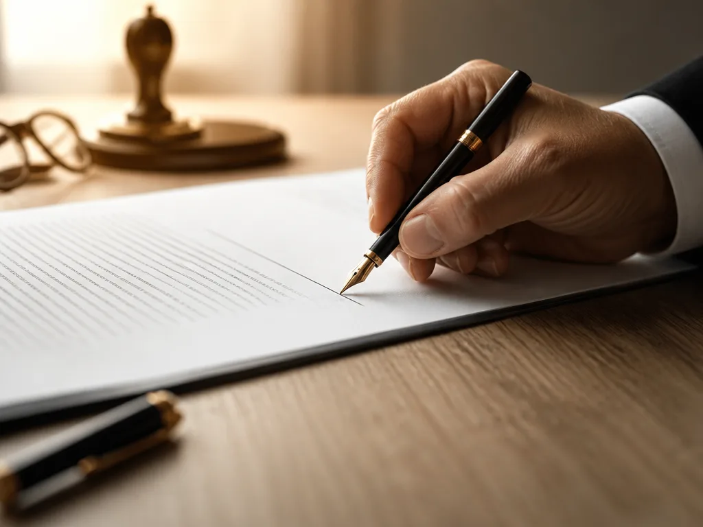 En hand som skriver under ett testamente med en reservoarpenna på ett träskrivbord