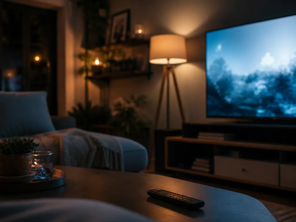 Vardagsrum i skymning med tv och fjärrkontroll på soffbordet