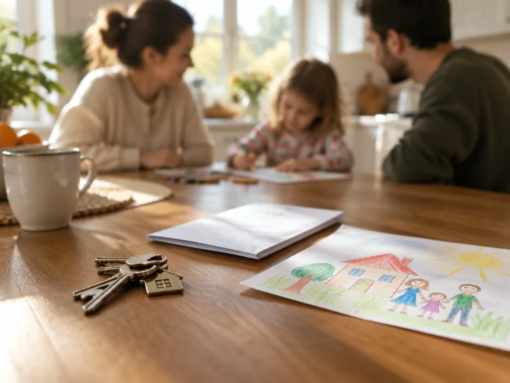 Husnycklar, ett vikt dokument och en barnteckning på ett köksbord i morgonljus
