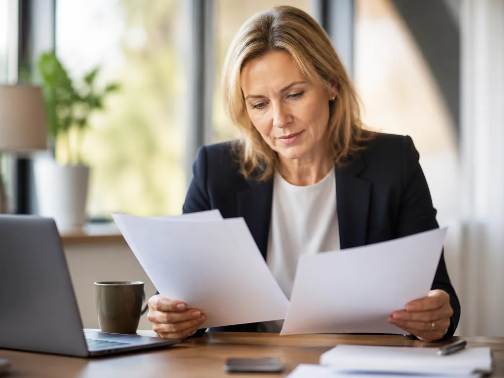 Privatanställd tjänsteman som granskar pensionsdokument om tjänstepension ITP vid ett kontorsbord