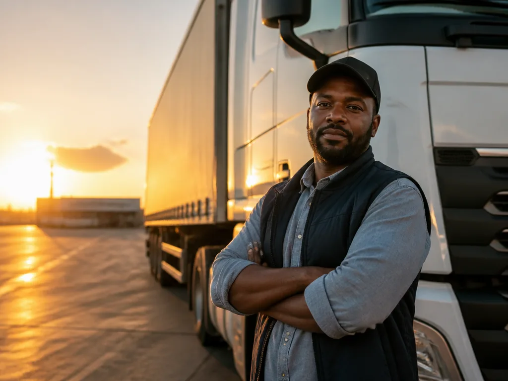 Yrkeschaufför vid lastbil på logistikterminal i kvällsljus