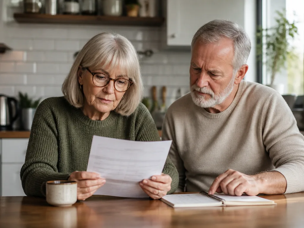 Äldre person går igenom pensionsbesked och kontoutdrag vid köksbordet