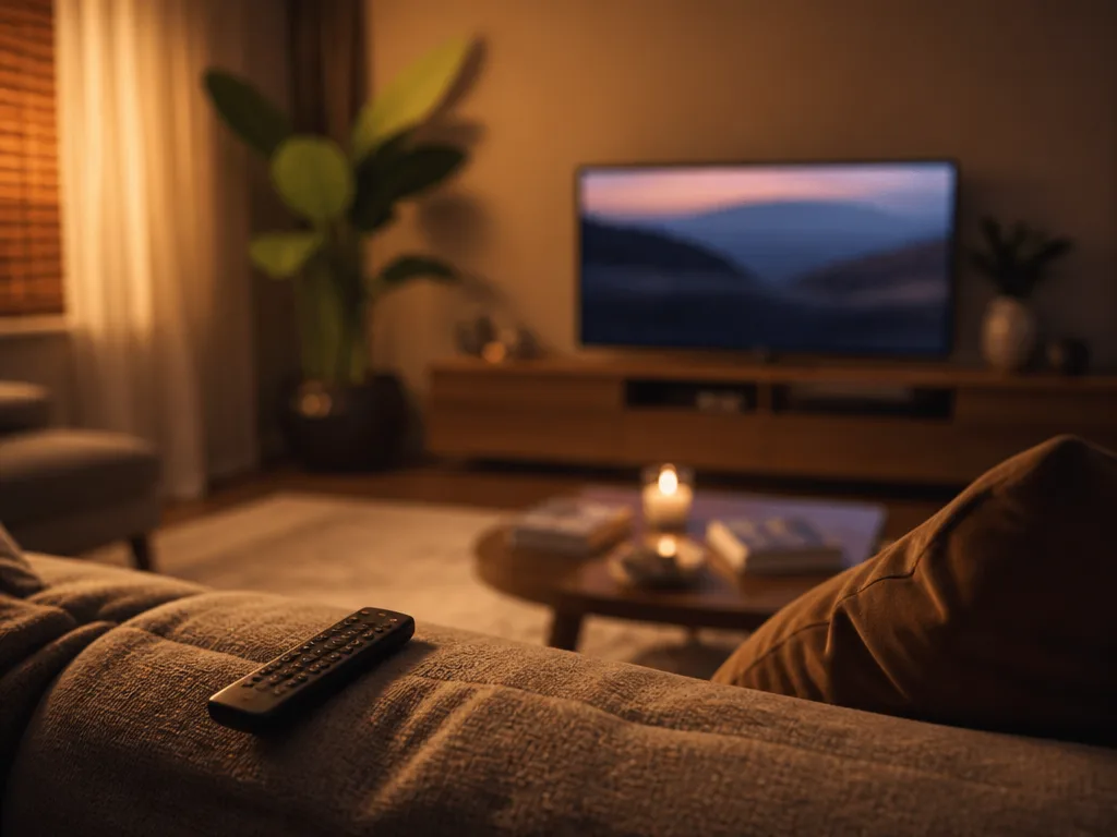 Mysigt vardagsrum på kvällen med en tv-skärm som lyser mjukt och en fjärrkontroll på soffan