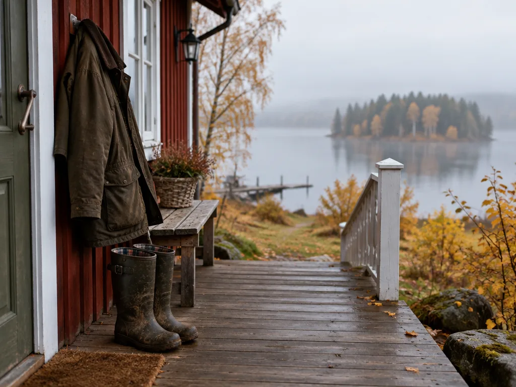 Röd trägård med jaktjacka och gummistövlar på verandan vid en dimmig sjö i höstljus