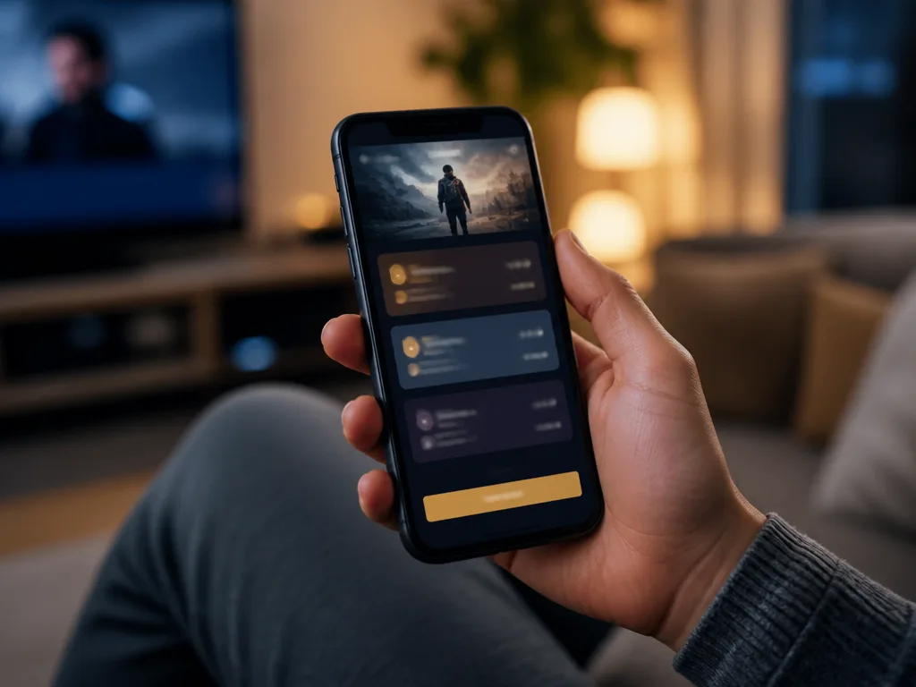 Mobiltelefon som visar en videostreaming-app med prisnivåer, i ett mysigt vardagsrum i kvällsljus